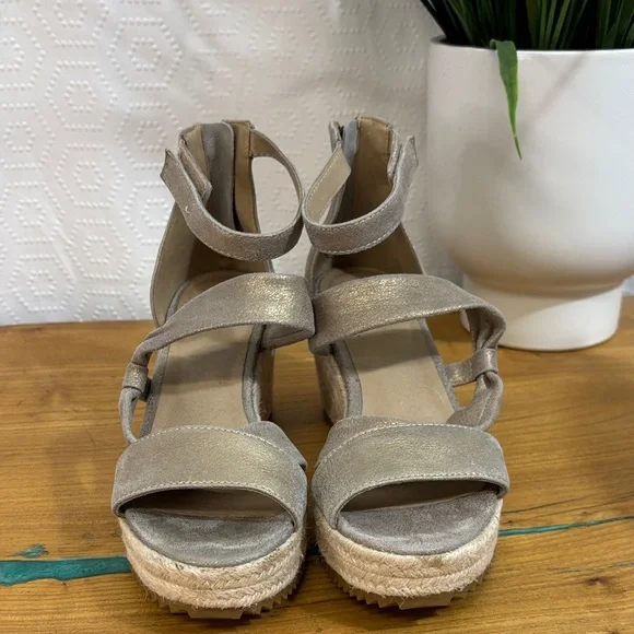 Eileen Fisher Wisp Wedge Sandal Espadrille Platform tan gold Leather Size 7 - Picture 3 of 8